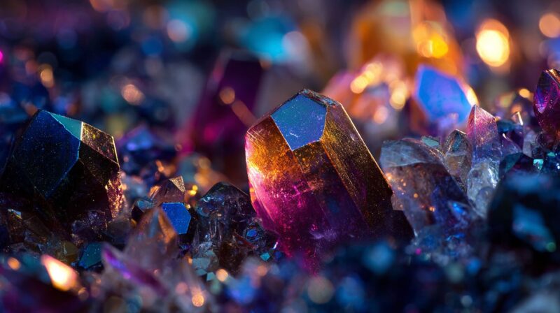 虹色に輝く幻想的な天然石の結晶。パワーストーン、星座別の守護石を紹介する記事のアイキャッチ画像。